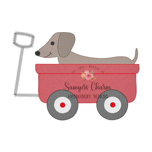 BUNDLE Dachshund in little red wagon with & without bow sketch stitch machine embroidery design file, spring summer, weenie dog, puppy