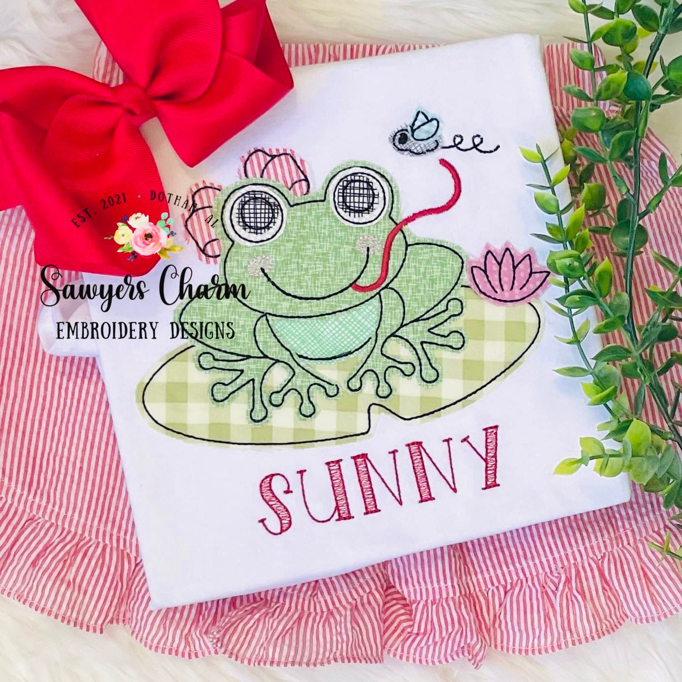 BUNDLE Girl/Boy frog on lily pad bean & ZZ stitch applique, machine embroidery design file, quick stitch, spring summer flower bow insects
