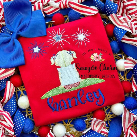 BUNDLE Boy with hat and Girl with pigtails/buns/bow watching fireworks, sketch stitch machine embroidery design file, July 4th, Memorial Day