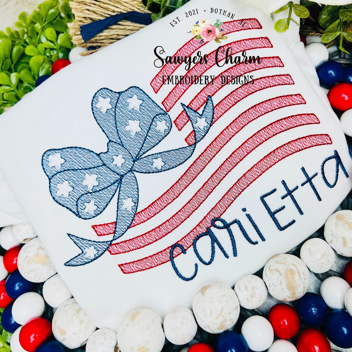 American flag with bow sketch stitch machine embroidery design file, bean stitch, 4th of July, patriotism, stars & stripes, girl, summer