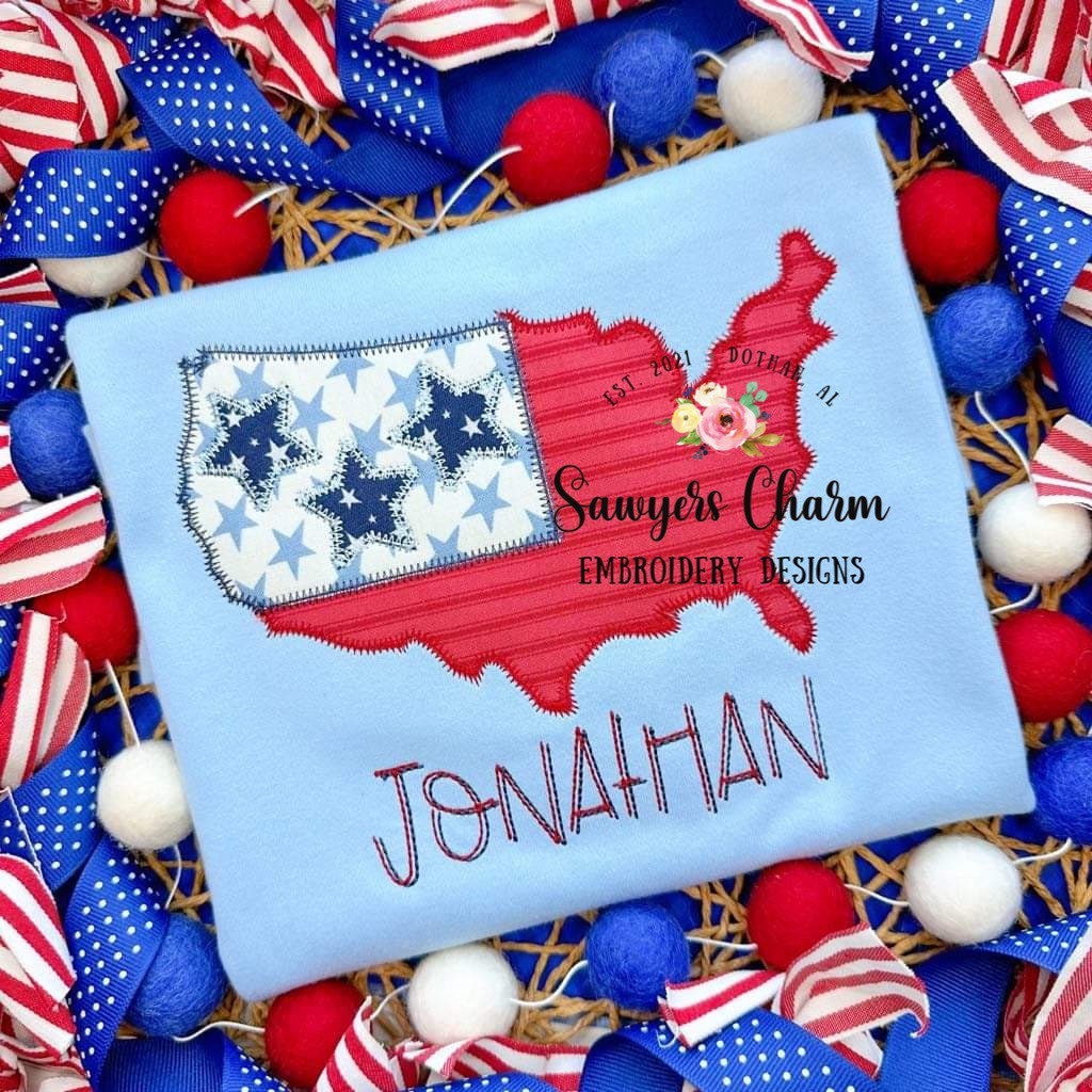 BUNDLE USA map flag with stars bean & zigzag stitch machine embroidery design file, 4th of July, patriotic, stars/stripes, summer, America