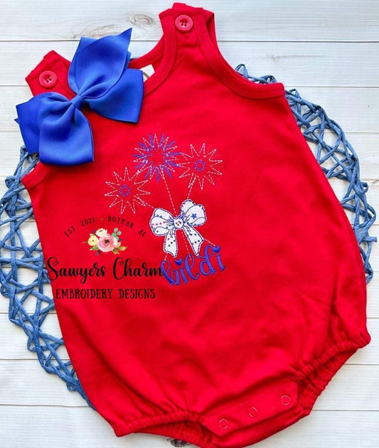 Patriotic, fourth of july, red white and blue sparklers with applique bow,  machine embroidery design file, quick stitch, bean stitch
