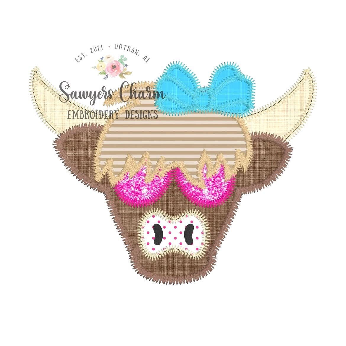 BUNDLE Highland cow with sunglasses boy & girl zig zag stitch applique machine embroidery design file, bow, summer sunnies shades, farm