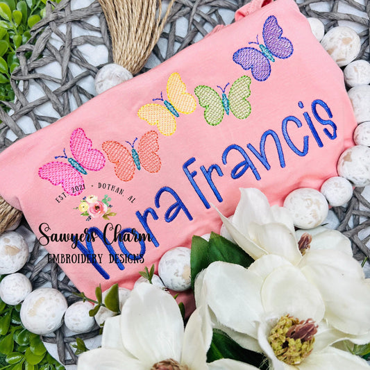 Row of butterflies sketch stitch machine embroidery design file, spring, summer, outdoors, insects, bugs, girl, quick stitch, bean stitch