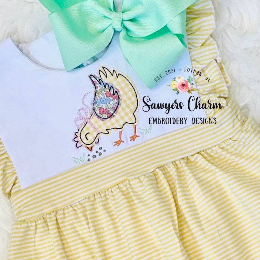 BUNDLE Chicken with bow zig zag & bean stitch applique, machine embroidery design file, quick stitch, farm animal, feed, spring grass hen