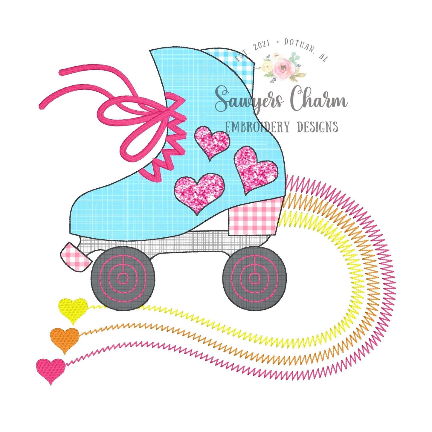 BUNDLE Retro roller skate with hearts bean & zigzag stitch applique machine embroidery design file, groovy rainbow skating rink roller derby