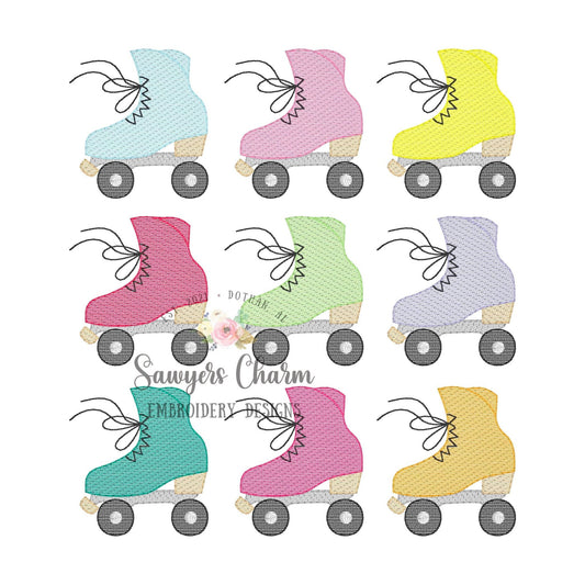 Retro roller skates row sketch stitch machine embroidery design file, quick stitch, skating rink, roller derby, vintage, groovy, laces