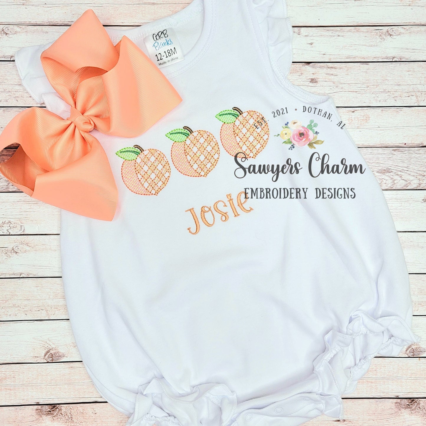 Gingham Peach trio sketch stitch machine embroidery design file, quick stitch, fruit, summer spring, garden, Georgia, plaid, check