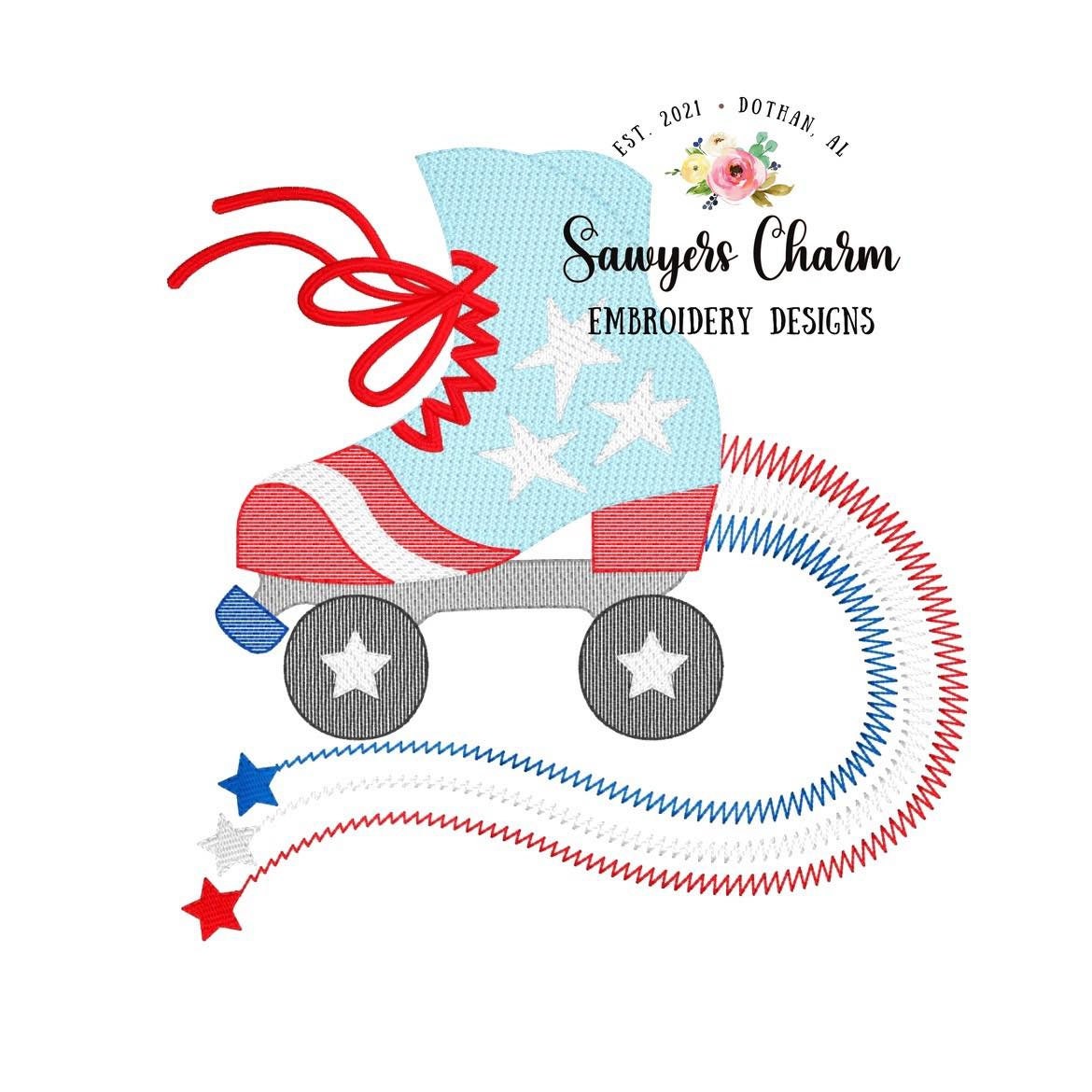 Patriotic roller skate with stars sketch stitch applique machine embroidery design file, groovy rainbow skating rink derby USA, July 4th