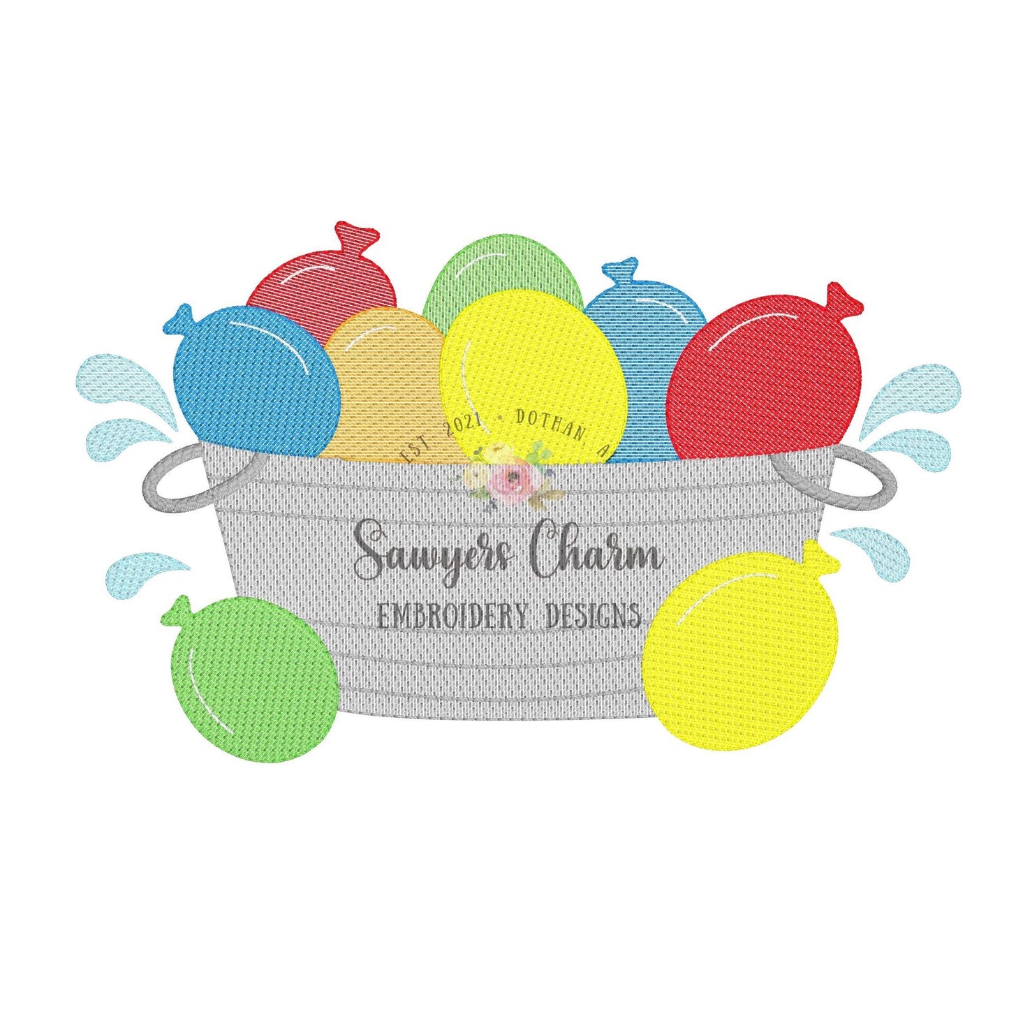Water balloons bucket sketch stitch machine embroidery design file, summer spring, outdoors birthday, swimming pool party, splash, soak