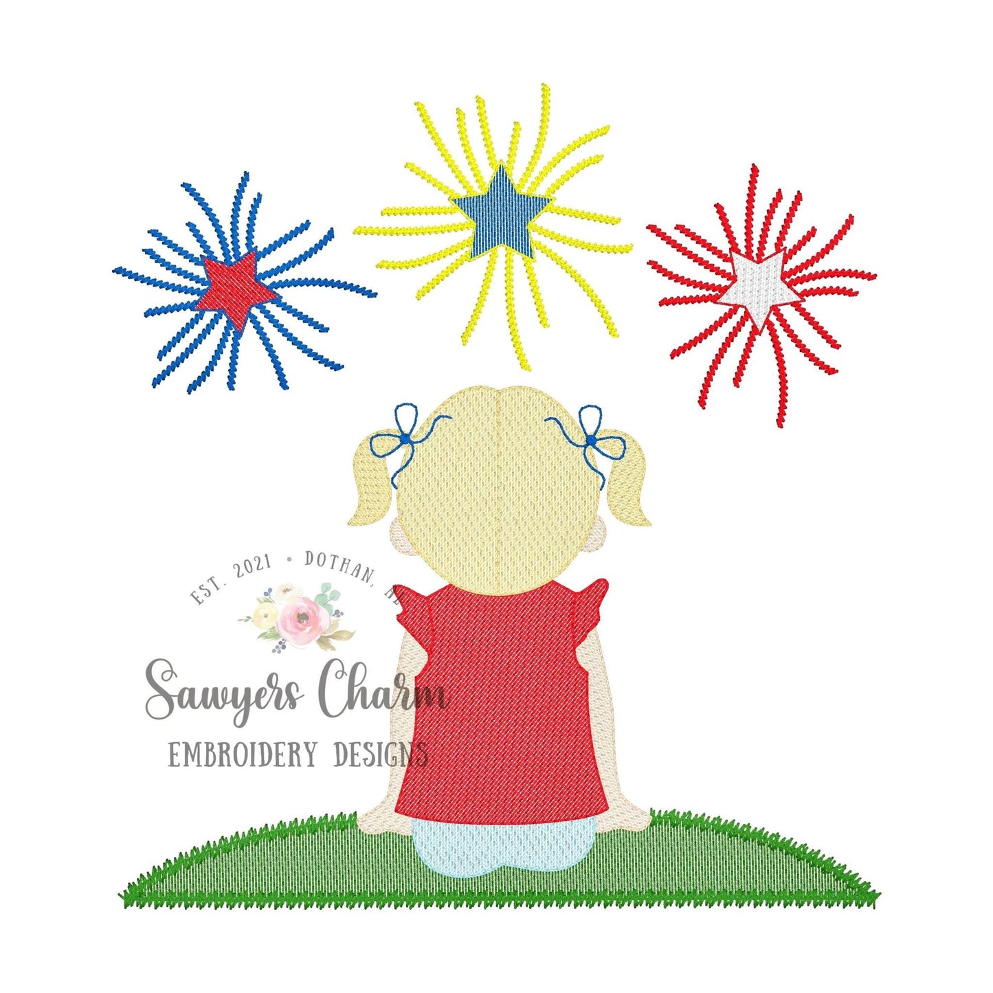 BUNDLE Boy with hat and Girl with pigtails/buns/bow watching fireworks, sketch stitch machine embroidery design file, July 4th, Memorial Day
