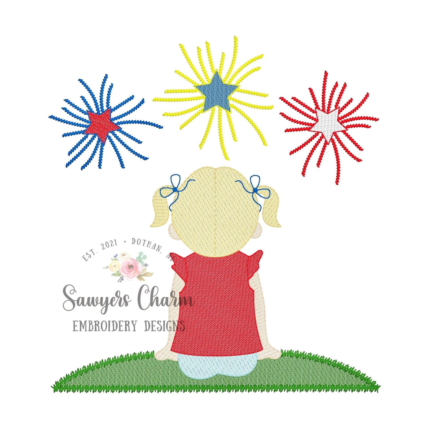 Girl watching fireworks with pigtails/buns and bow sketch stitch machine embroidery design file, patriotic, summer, July 4th, Memorial Day