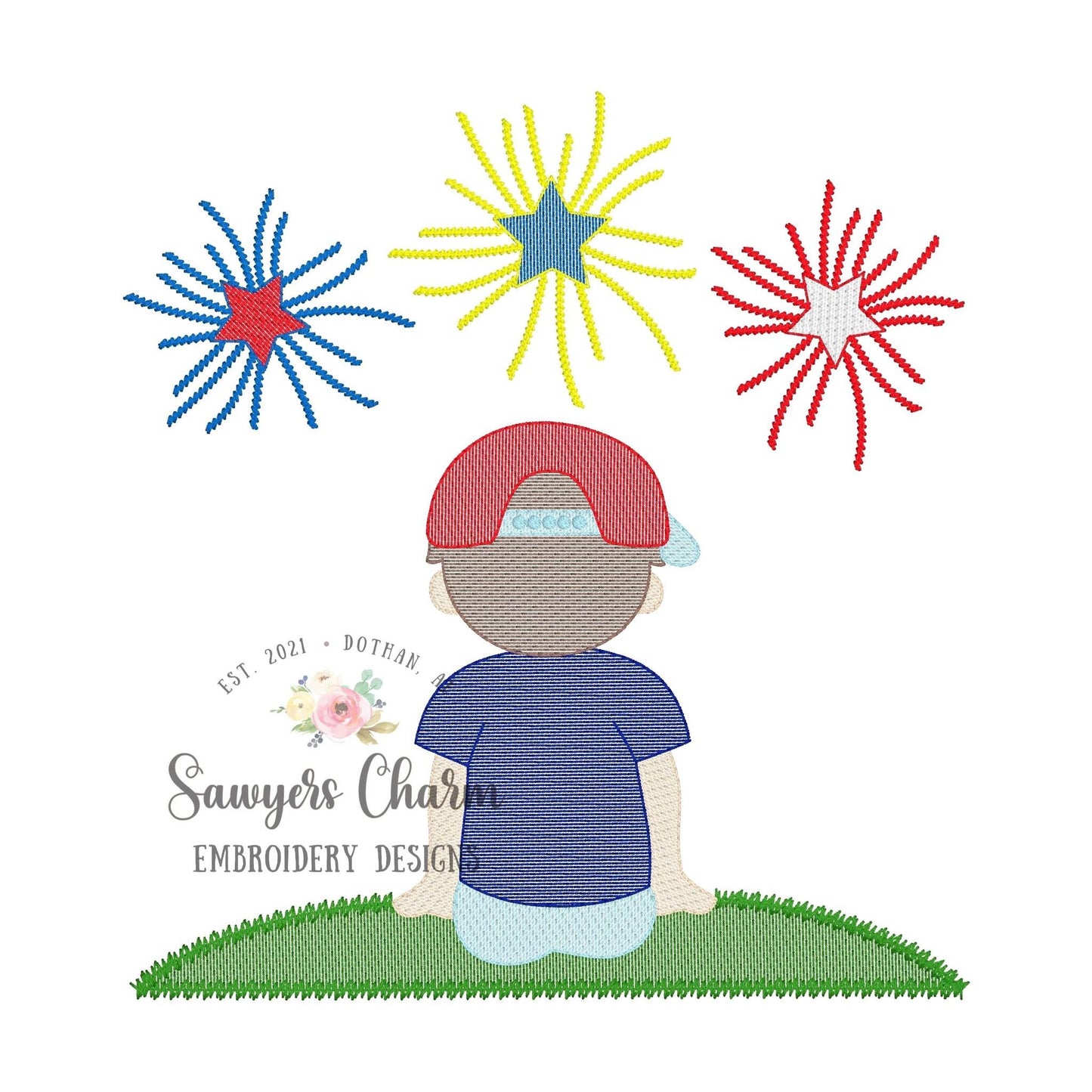 Boy watching fireworks show with ball cap sketch stitch machine embroidery design file, patriotic, summer, July 4th, Memorial Day, outdoors