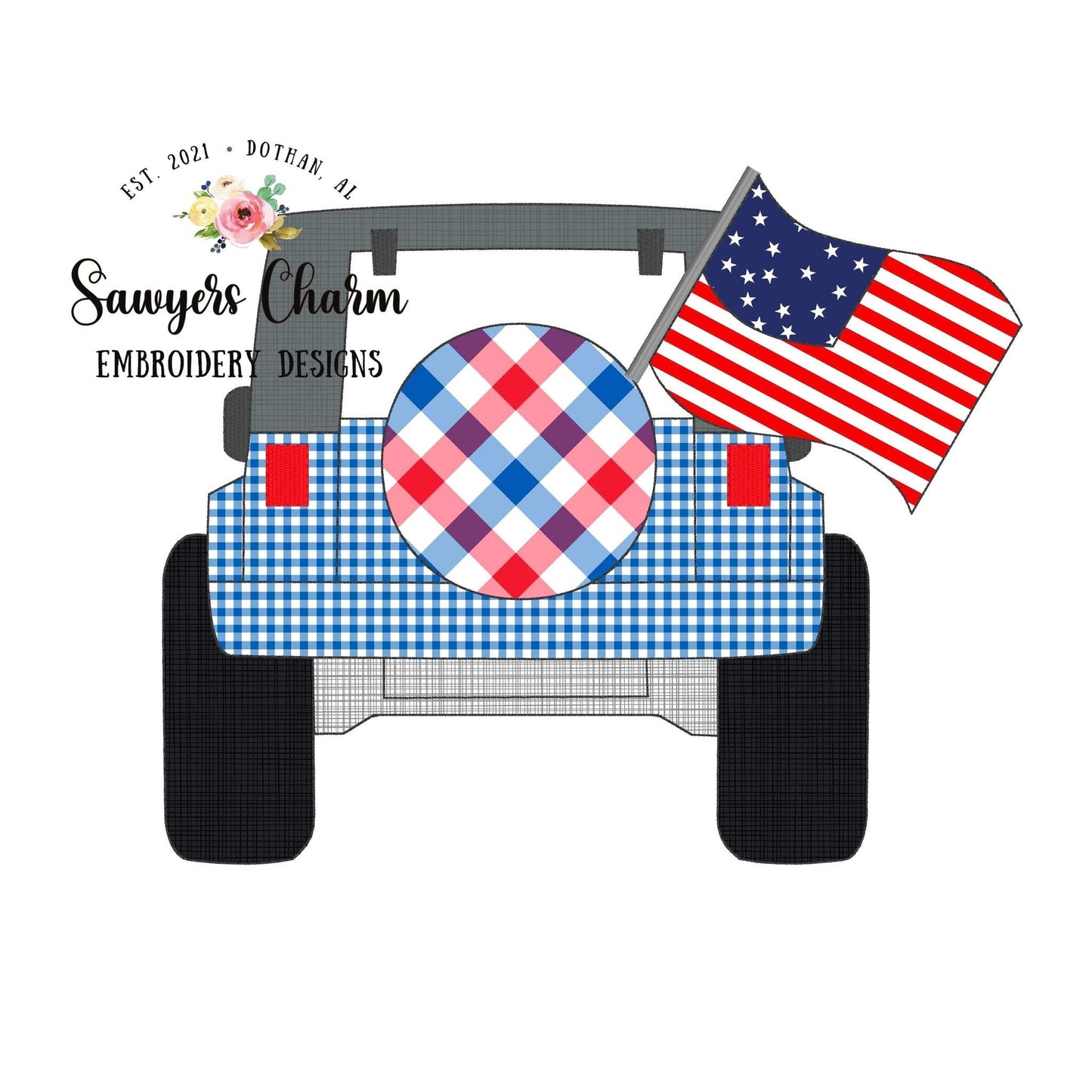 Patriotic Off Road vehicle truck with American flag bean stitch applique, machine embroidery design file, transportation, mudding, SUV, USA
