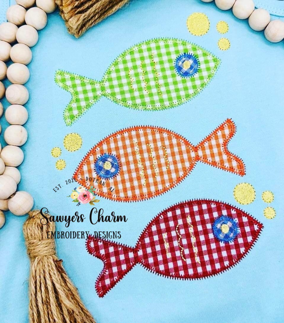 BUNDLE Fish trio with bubbles bean & zig zag stitch applique machine embroidery design file, quick stitch, spring summer, water lake pond