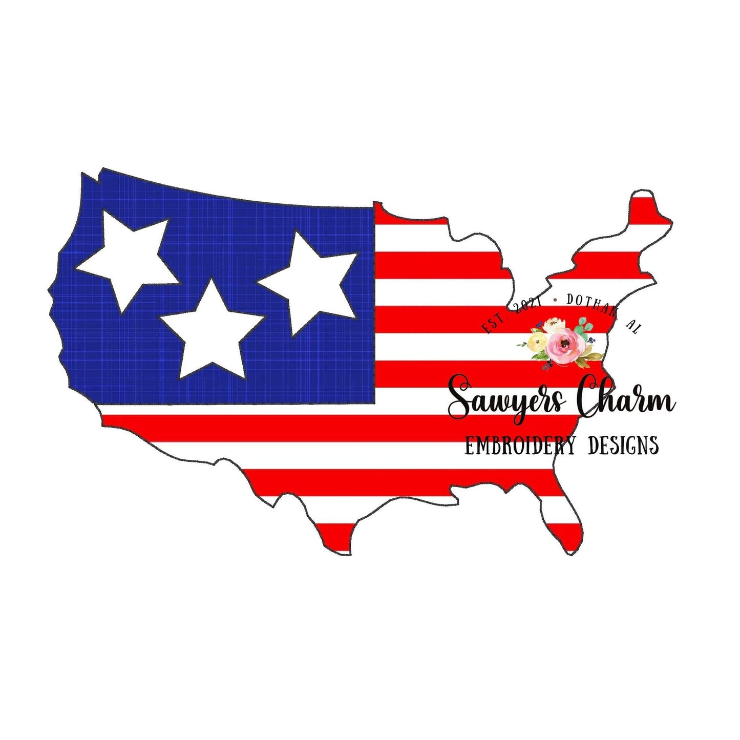 BUNDLE USA map flag with stars bean & zigzag stitch machine embroidery design file, 4th of July, patriotic, stars/stripes, summer, America