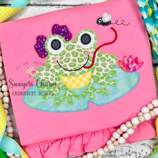 BUNDLE Girl/Boy frog on lily pad bean & ZZ stitch applique, machine embroidery design file, quick stitch, spring summer flower bow insects