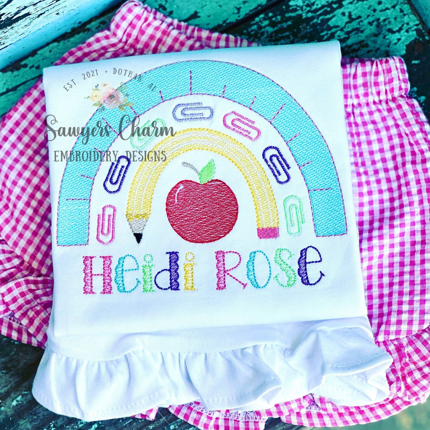Back to school rainbow with pencil, ruler, paper clips, and apple machine sketch fill design embroidery file, quick stitch