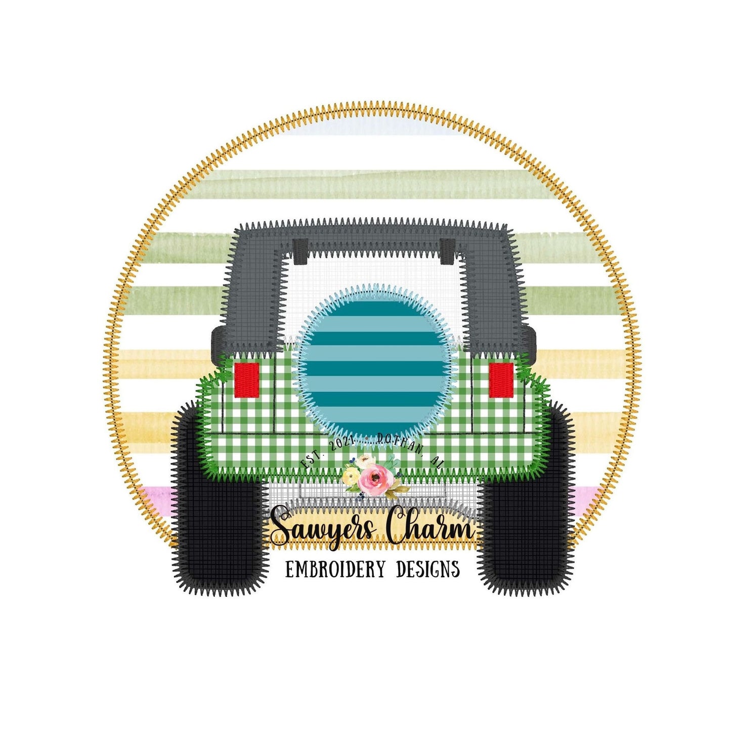 BUNDLE of 3 Off Road SUV vehicle trucks zigzag stitch applique, machine embroidery design file, sunset, patriotic American flag, summer