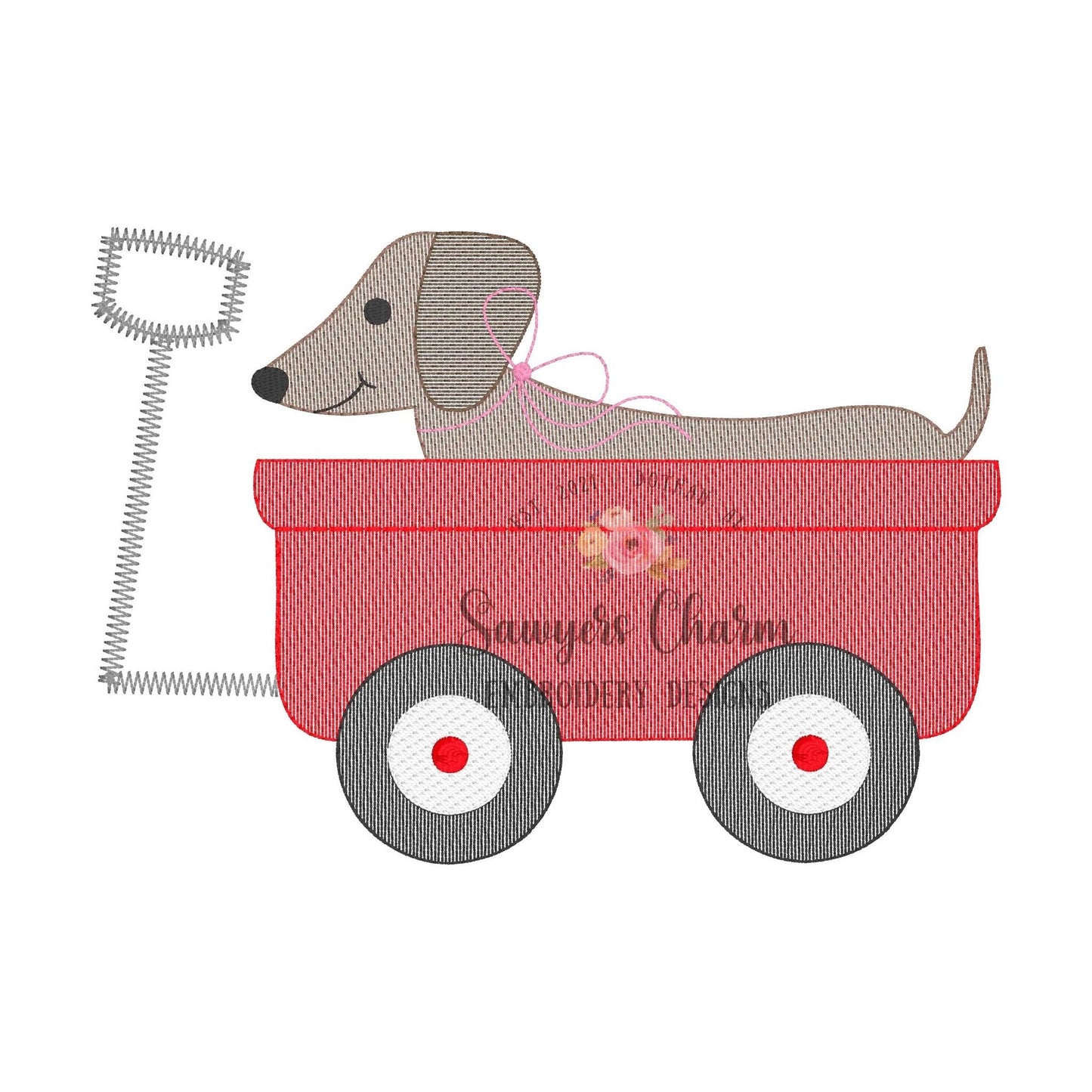 BUNDLE Dachshund in little red wagon with & without bow sketch stitch machine embroidery design file, spring summer, weenie dog, puppy