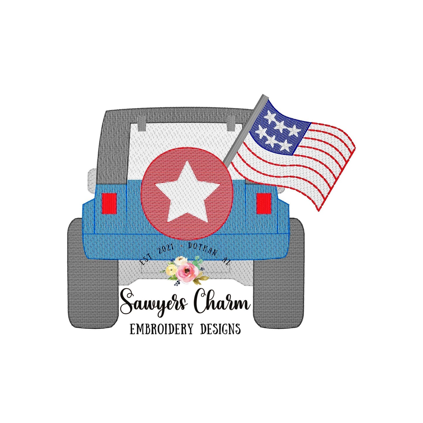 Patriotic Off Road vehicle truck with American flag sketch stitch, machine embroidery design file, transportation, mudding, SUV, USA, beach