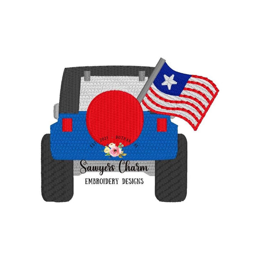 Patriotic Off Road vehicle truck with American flag mini fill machine embroidery design file, transportation, mudding, SUV, USA, beach