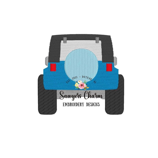 Off Road SUV vehicle truck with tire mini fill stitch, machine embroidery design file, transportation, mudding, beach summer, vintage, beach