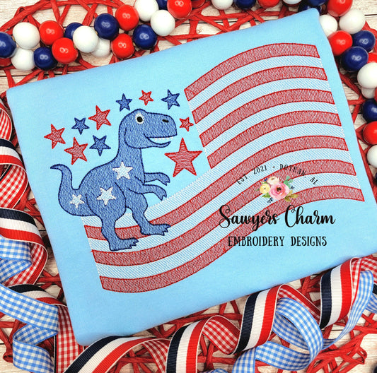 BUNDLE T-Rex American flag with & without sunglasses sketch stitch machine embroidery design file, bean stitch, 4th of July, stars stripes