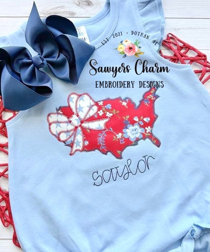 BUNDLE USA map flag with bow bean & zigzag stitch machine embroidery design file, 4th of July, patriotic, stars/stripes, summer, America