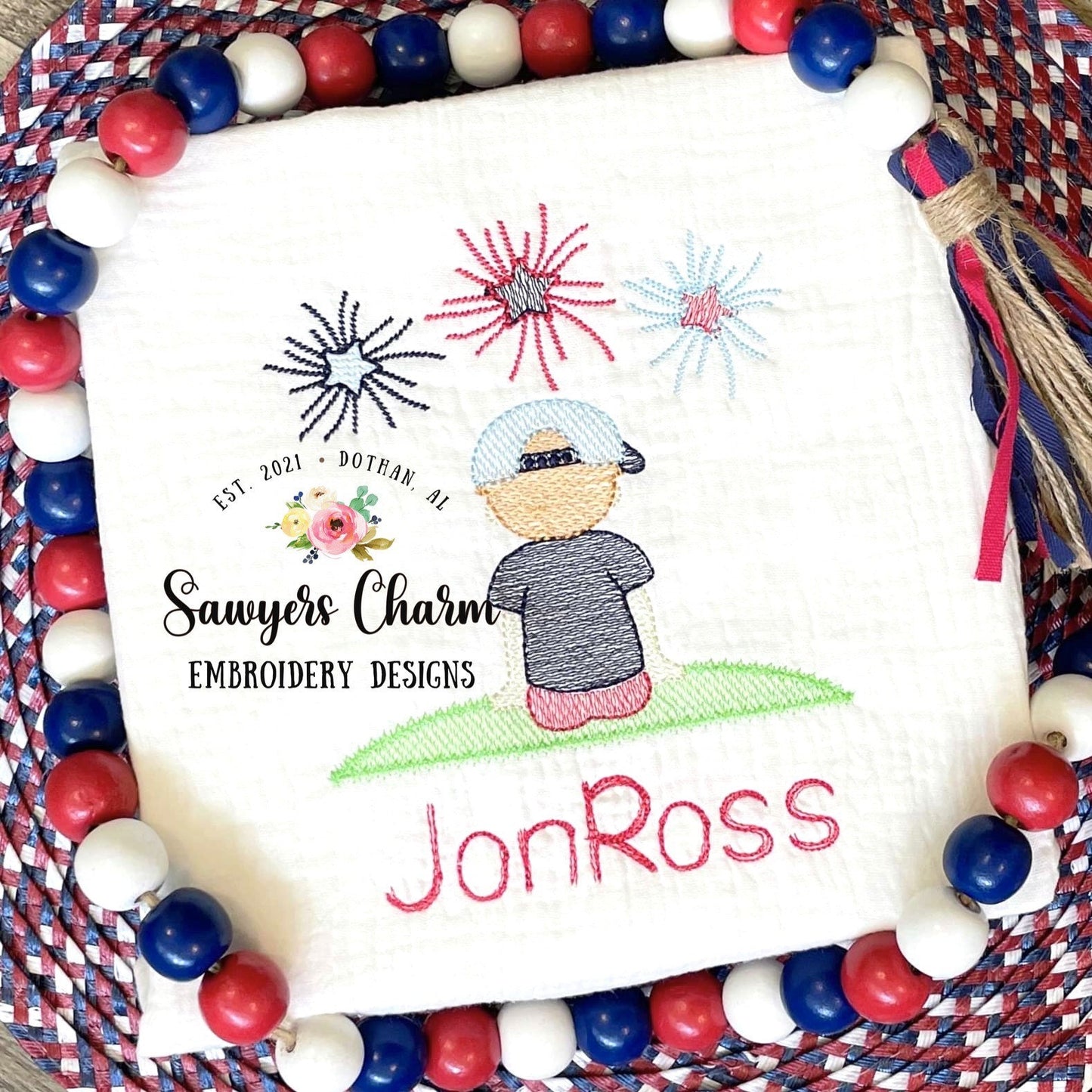 Boy watching fireworks show with ball cap sketch stitch machine embroidery design file, patriotic, summer, July 4th, Memorial Day, outdoors