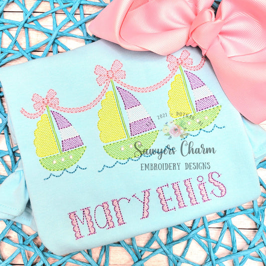 Sketch sailboat trio with bows machine embroidery design file, quick stitch, summer, nautical, perfect for girls