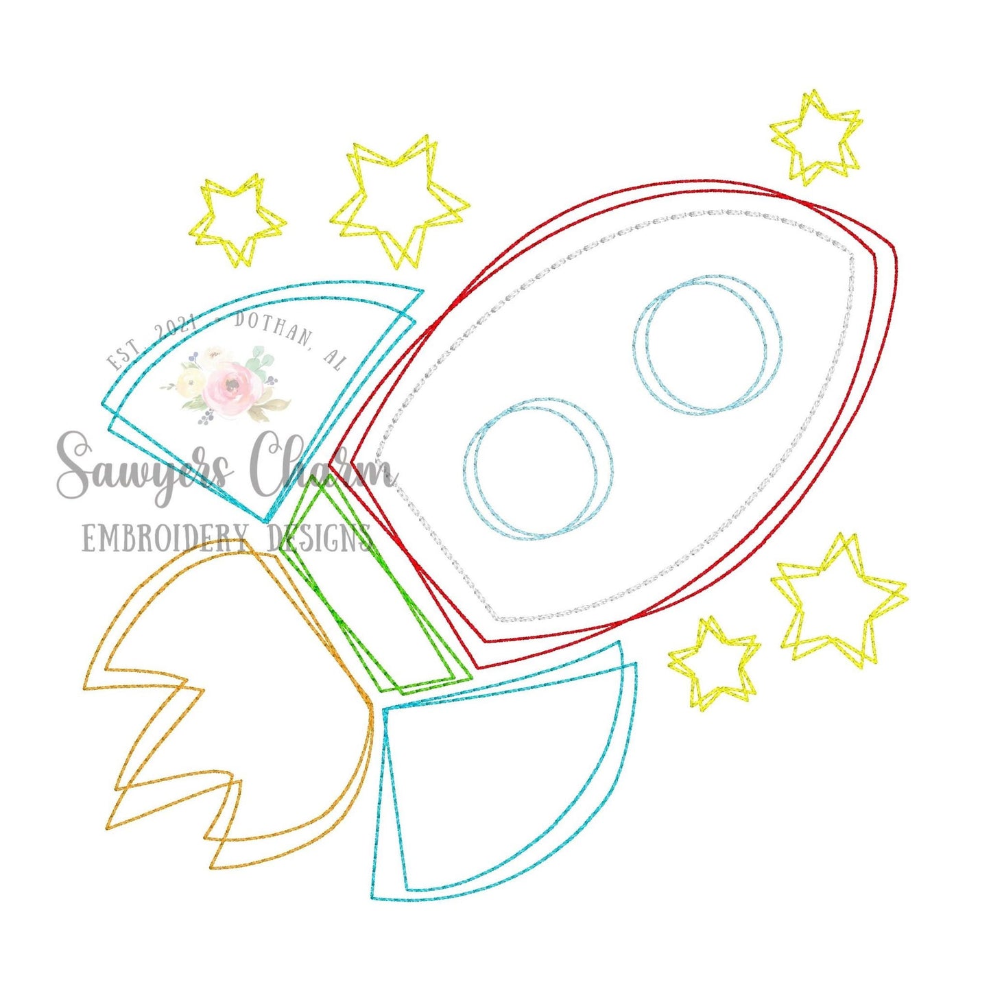 Squiggly rocket ship with stars bean stitch machine embroidery design file, quick stitch, astronaut, outer space, planets, shuttle, moon sun