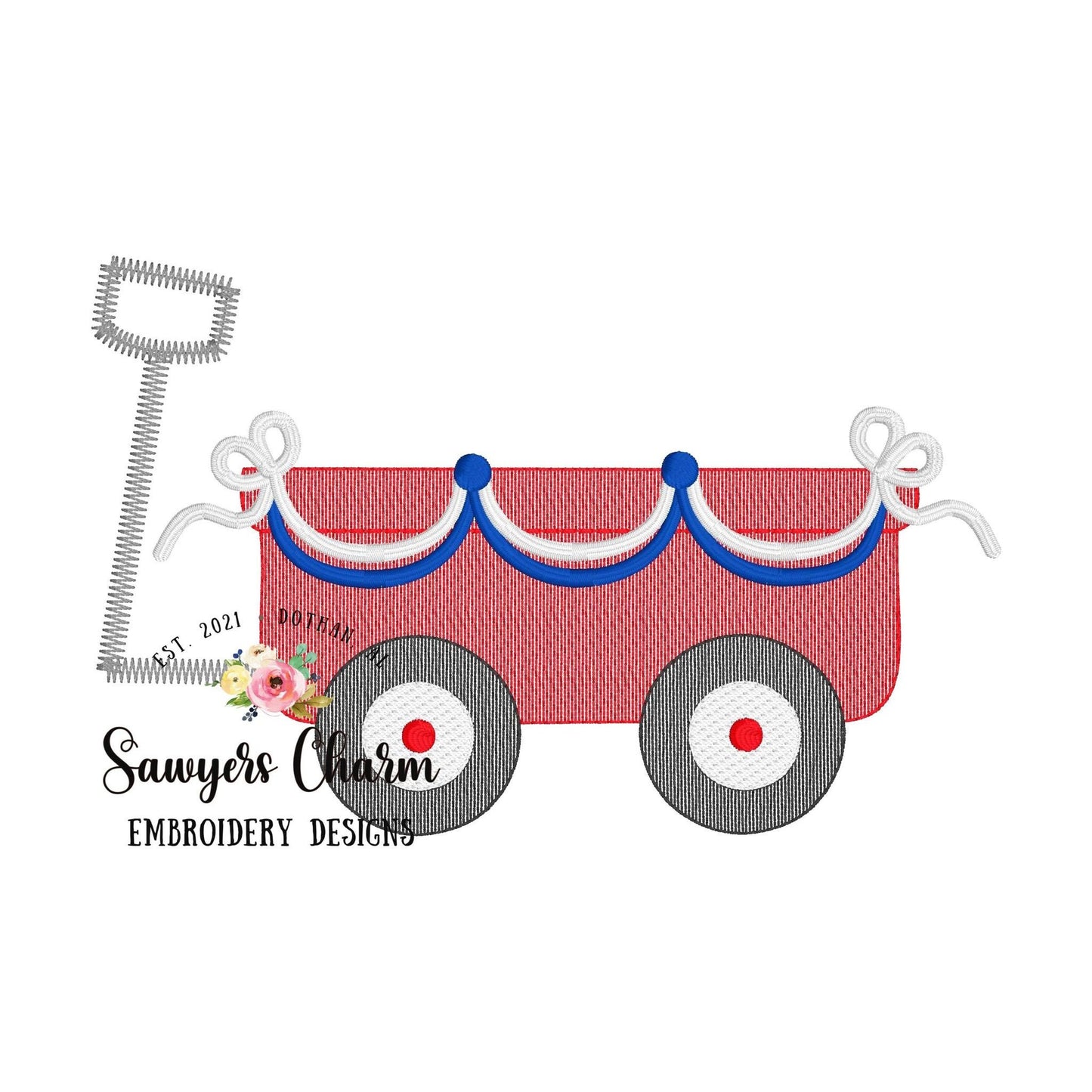 Patriotic bunting banner Little red wagon sketch stitch machine embroidery design file, spring summer, USA God Bless America stars & stripes