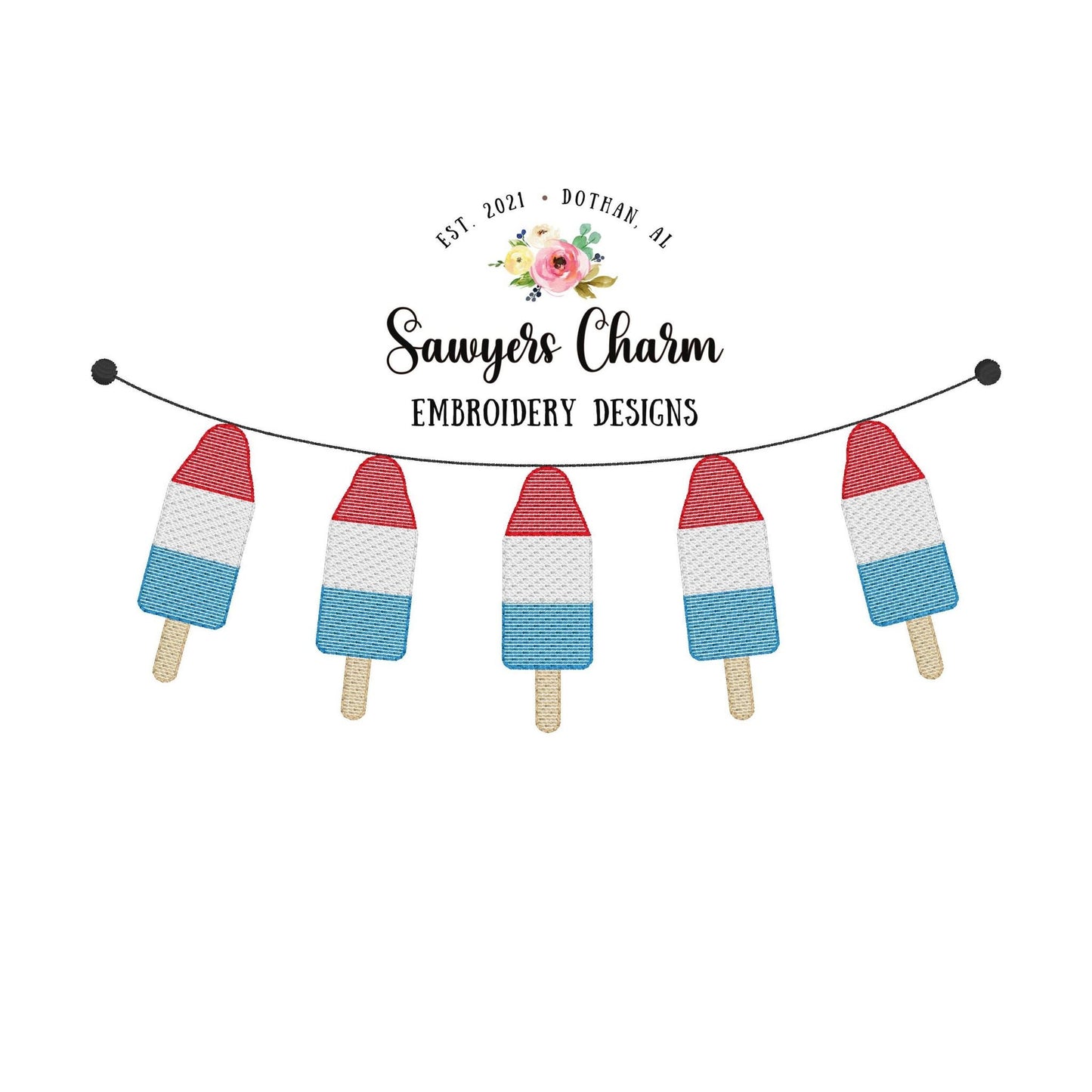 Patriotic rocket pop bunting banner sketch stitch machine embroidery design file, bean stitch, stars stripes, red white blue July 4th, USA