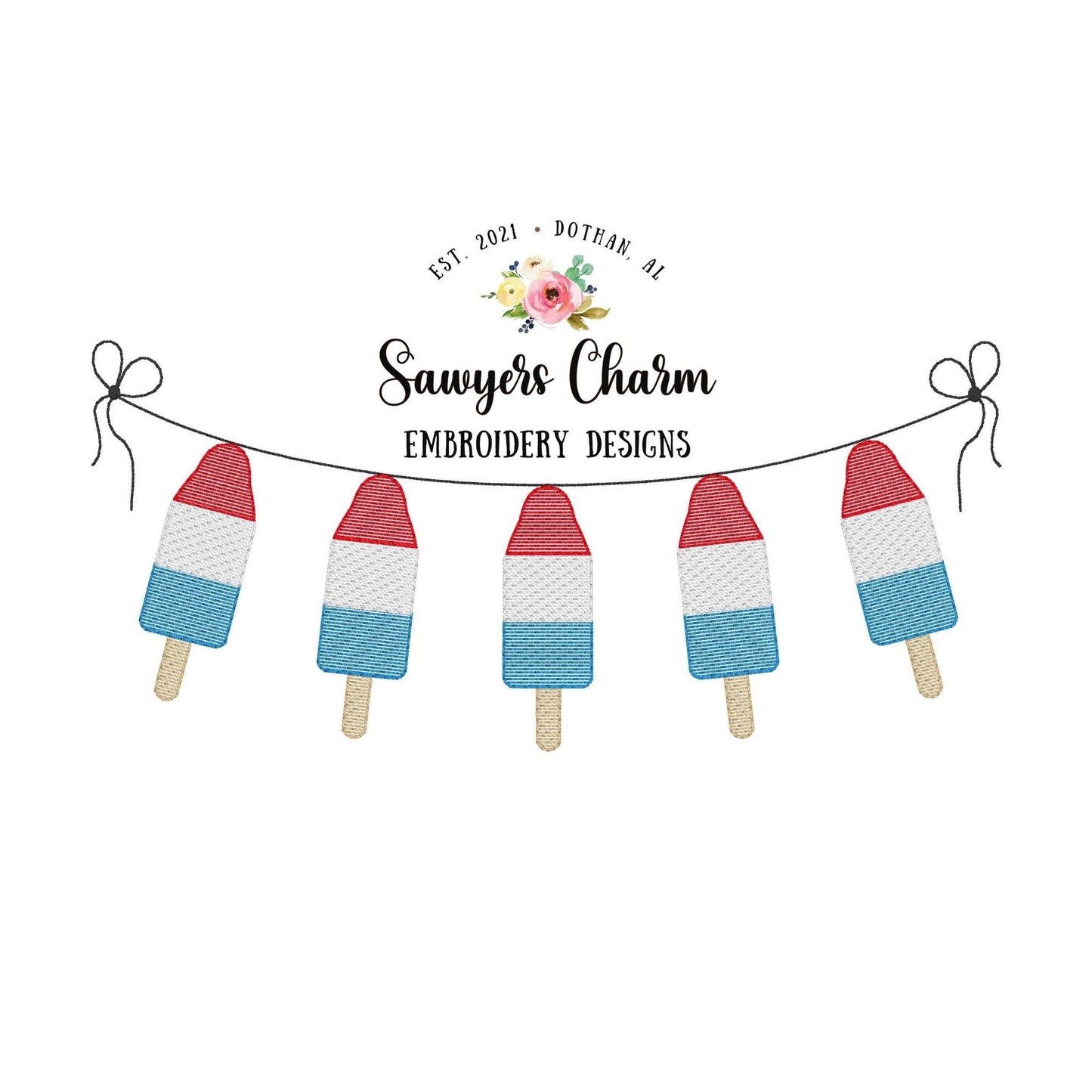 Patriotic rocket pop bunting banner sketch stitch machine embroidery design file, bean stitch, stars stripes, red white blue July 4th, USA
