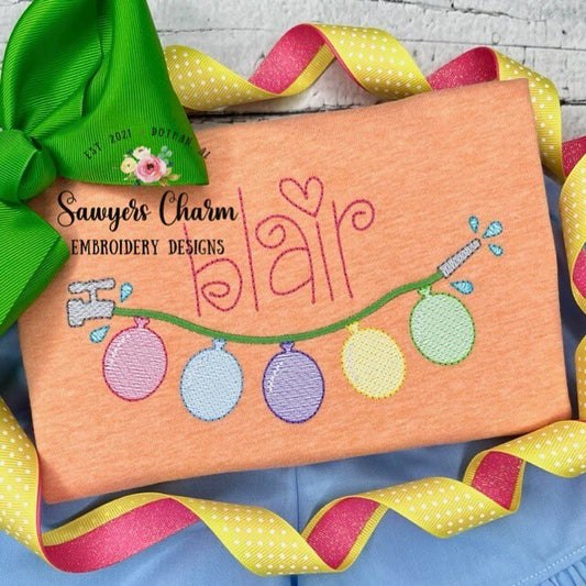 Water balloons bunting banner sketch stitch machine embroidery design file, summer spring, outdoors birthday, water hose, splash, soak