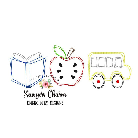 BUNDLE Squiggly Back to school apple book bus trio with & without heart/bow bean stitch embroidery design file, quick stitch, scribble