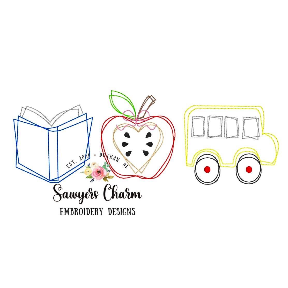BUNDLE Squiggly Back to school apple book bus trio with & without heart/bow bean stitch embroidery design file, quick stitch, scribble