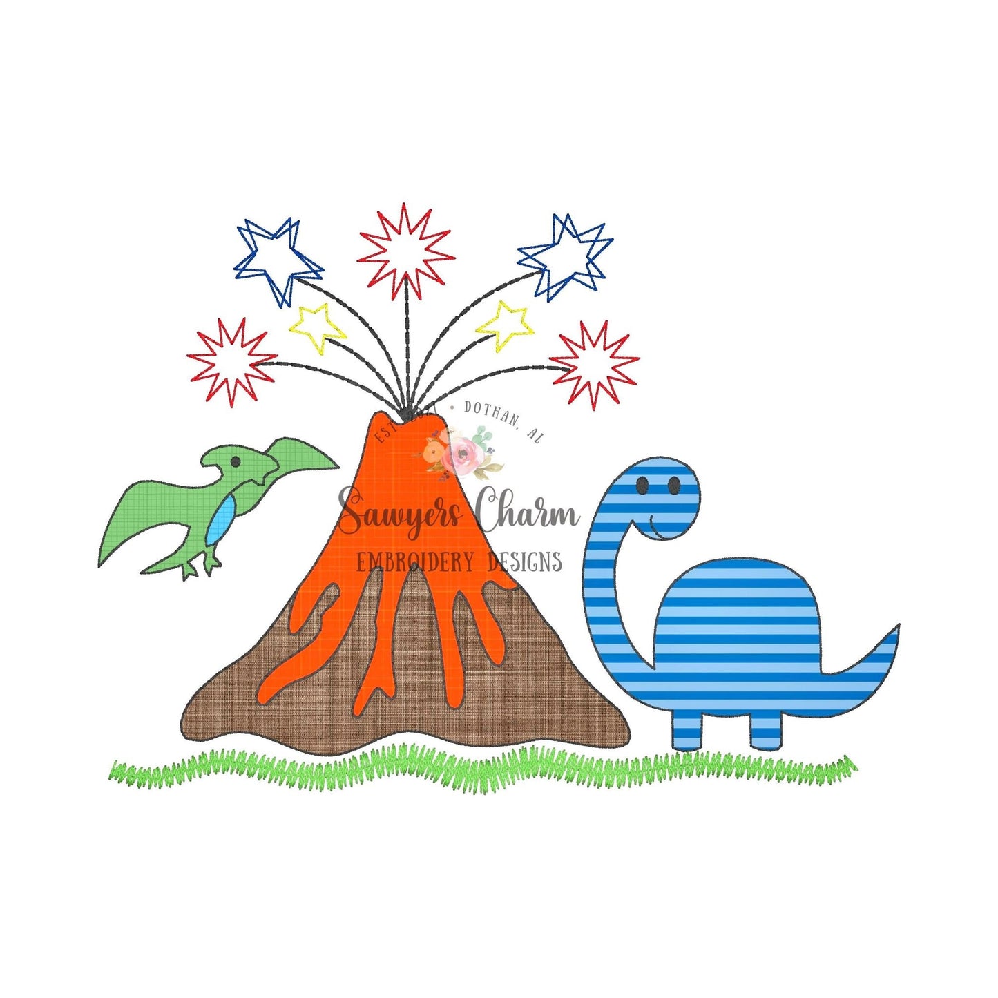 Patriotic dinosaur & volcano with fireworks bean stitch applique machine embroidery design file quick stitch dino Pterodactyl brontosaurus,