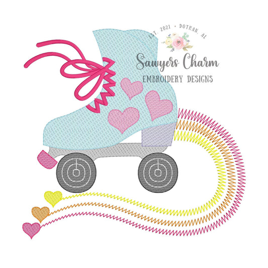 Retro roller skate with hearts sketch stitch machine embroidery design file, quick stitch, groovy, rainbow, skating rink, roller derby