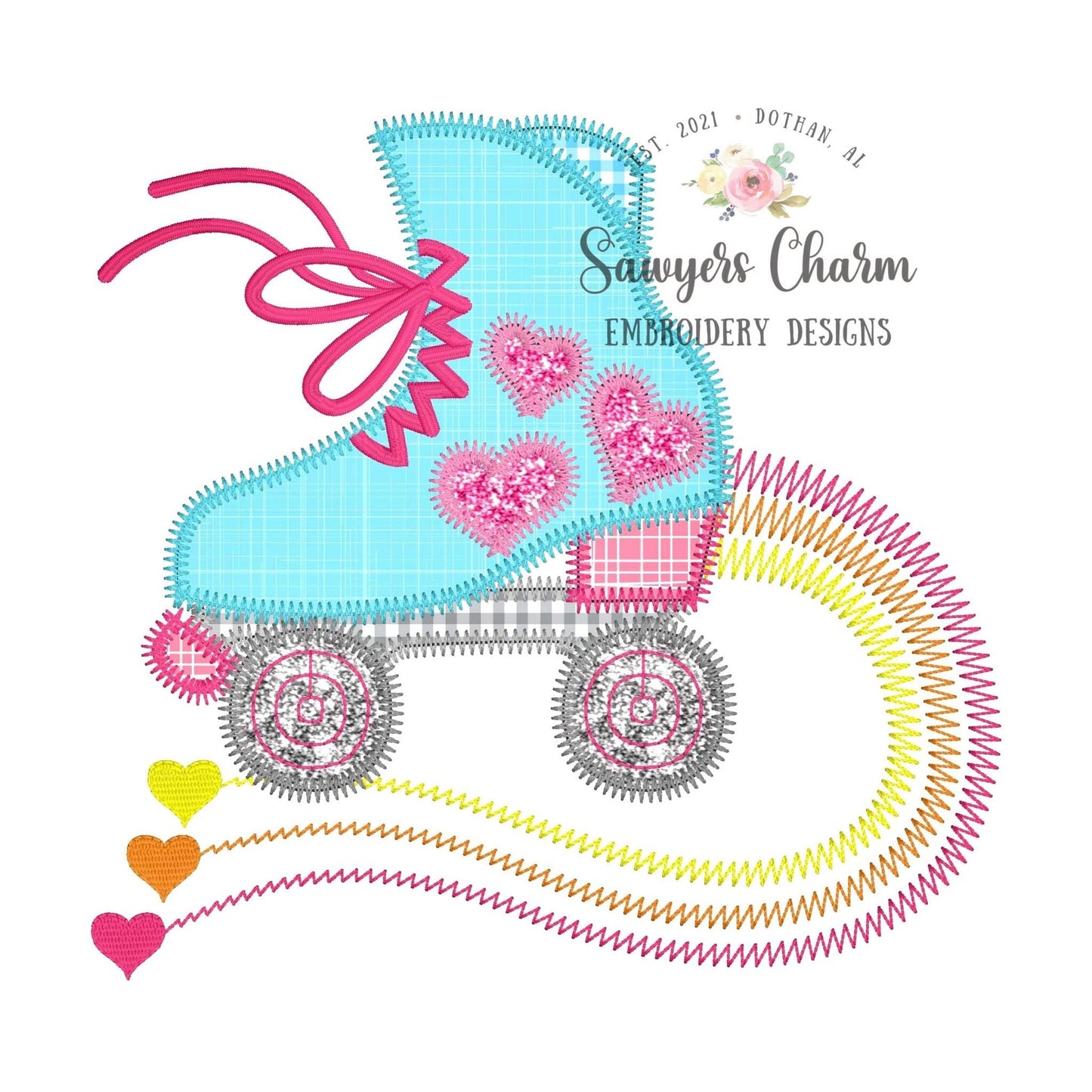 BUNDLE Retro roller skate with hearts bean & zigzag stitch applique machine embroidery design file, groovy rainbow skating rink roller derby