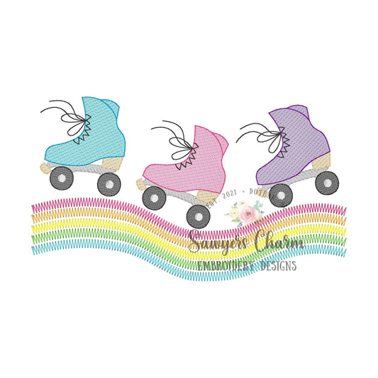 Retro roller skate trio with groovy rainbow sketch stitch machine embroidery design file, quick stitch, skating rink, roller derby, vintage