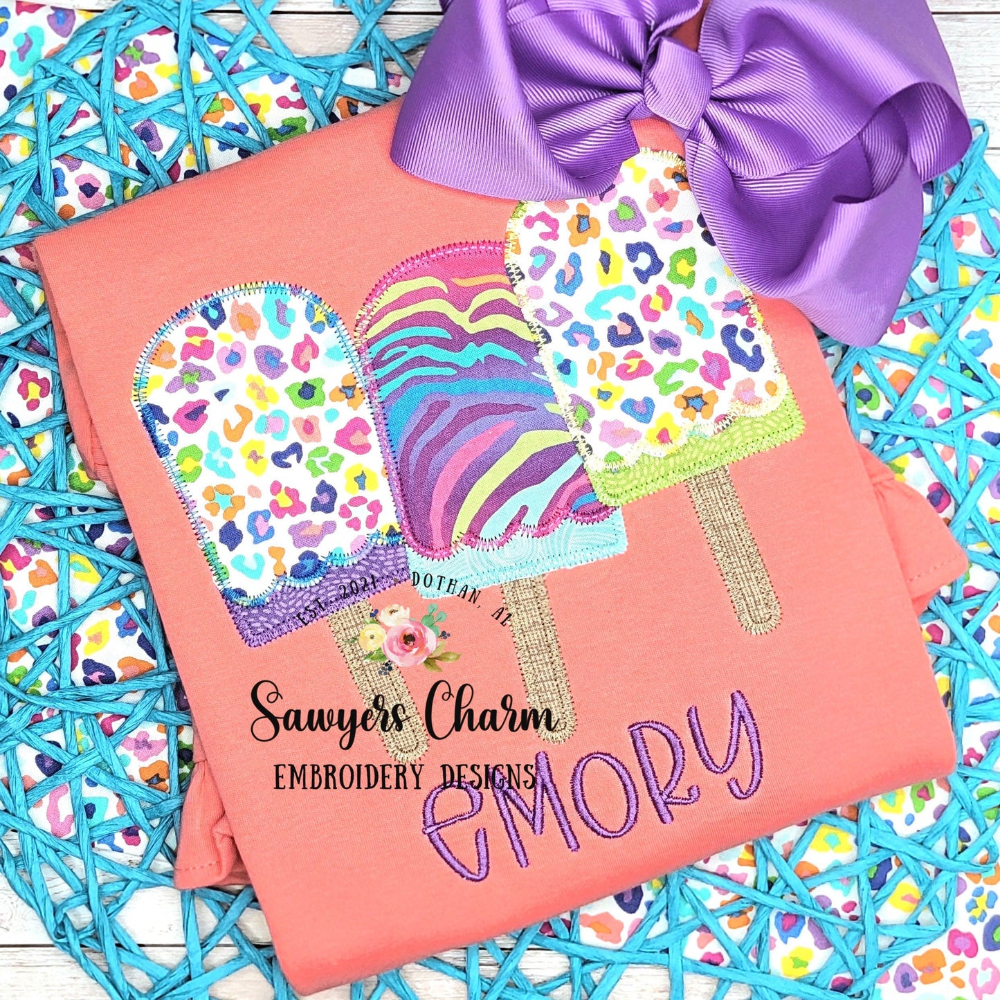 BUNDLE Popsicle trio with sprinkles bean stitch & zigzag stitch applique machine embroidery design file, summer, spring, snacks, ice cream