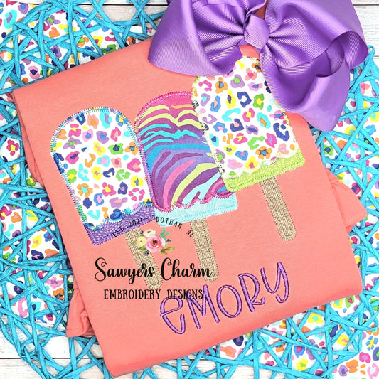 BUNDLE Popsicle trio with sprinkles bean stitch & zigzag stitch applique machine embroidery design file, summer, spring, snacks, ice cream