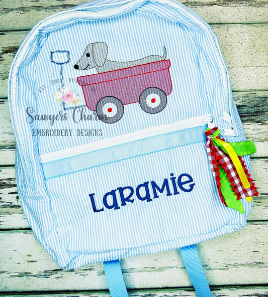 BUNDLE Dachshund in little red wagon with & without bow sketch stitch machine embroidery design file, spring summer, weenie dog, puppy