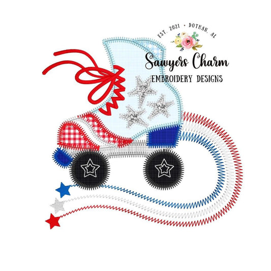 BUNDLE Patriotic roller skate with stars bean & zigzag stitch applique machine embroidery design file, groovy rainbow skating rink derby USA