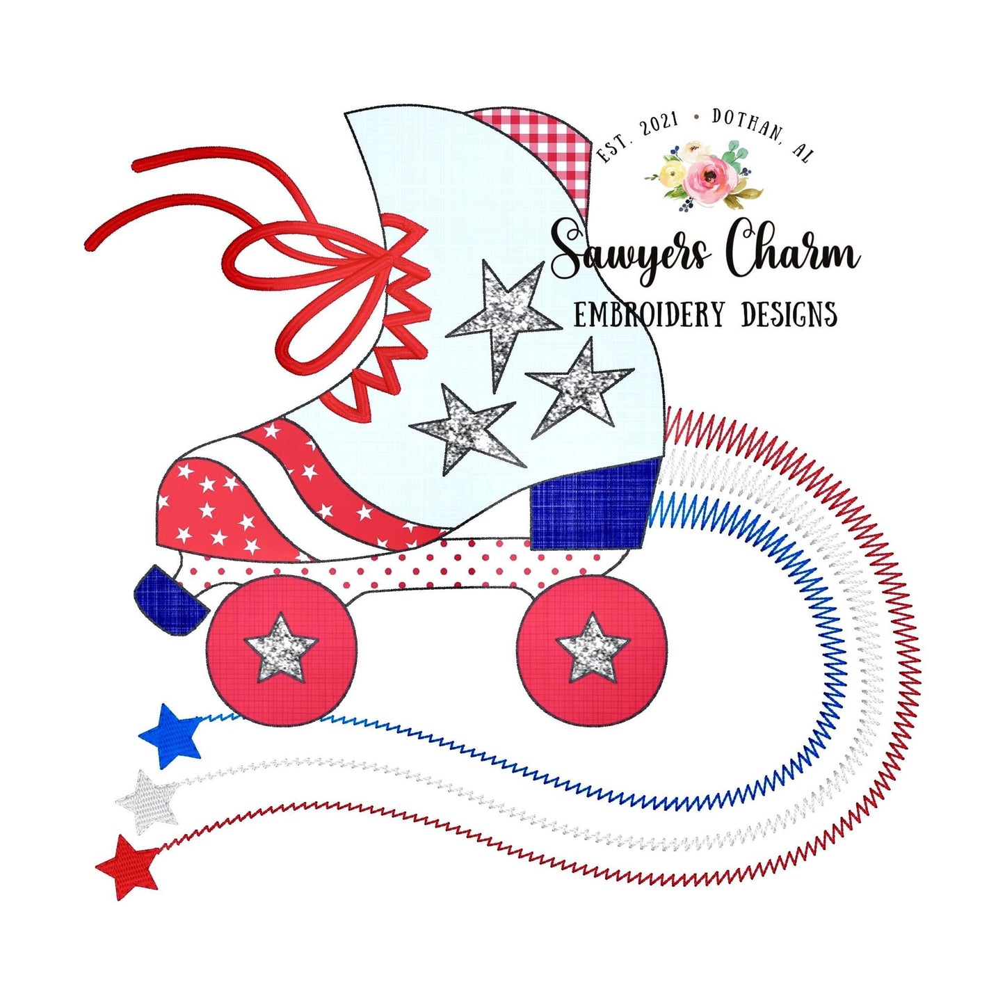 BUNDLE Patriotic roller skate with stars bean & zigzag stitch applique machine embroidery design file, groovy rainbow skating rink derby USA