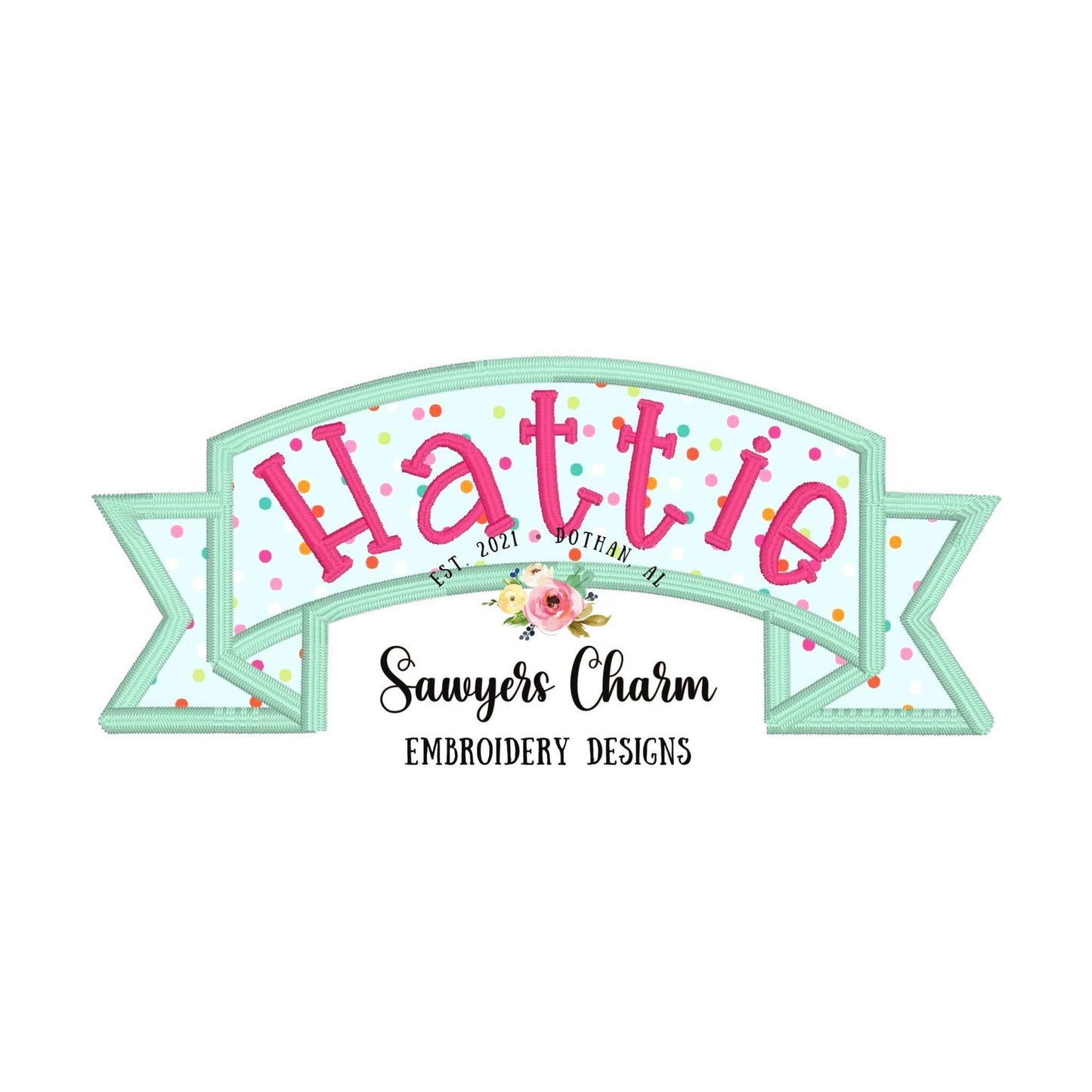 BUNDLE 4 Curved Ribbon banner name plate/frame machine applique embroidery design file, bean stitch, zigzag, scribble, satin stitch