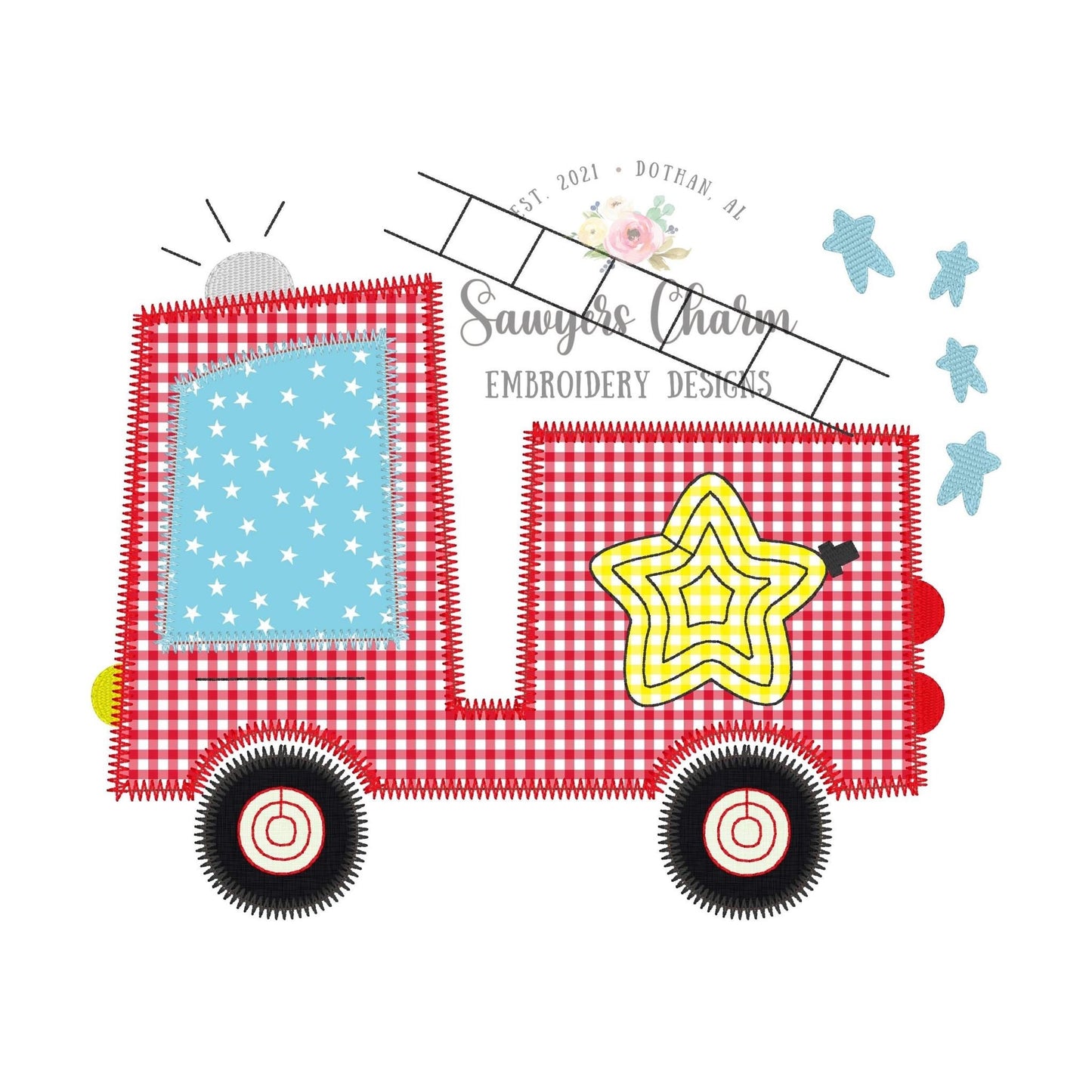 BUNDLE Patriotic firetruck zigzag & bean stitch machine applique embroidery design file, stars and stripes, USA, red white blue, July 4th
