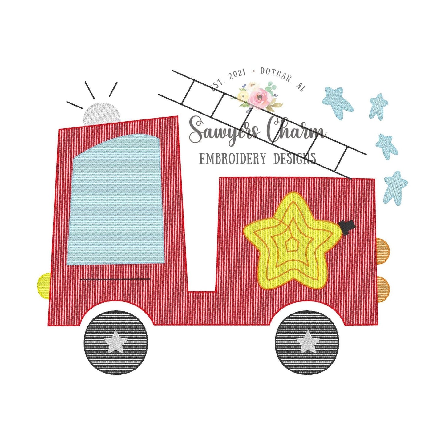 Patriotic firetruck sketch stitch machine embroidery design file, stars and stripes, USA, red white blue, July 4th, transportation, American